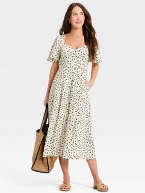 A New Day - Women's Flutter Sleeve Belted Midi Dress - A New D Cream/Black